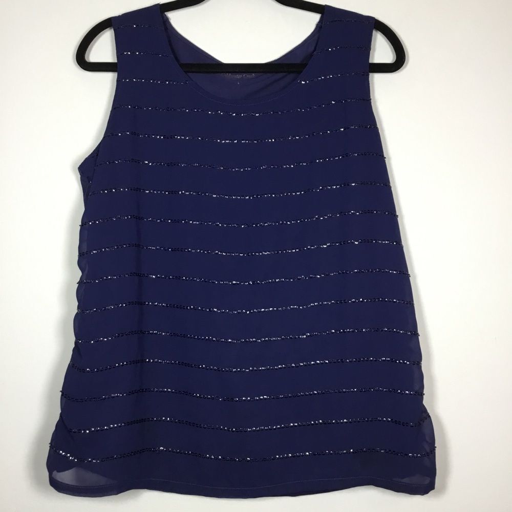 Navy blue tank sheer outer lined with horizontal sequin stripes classic size M